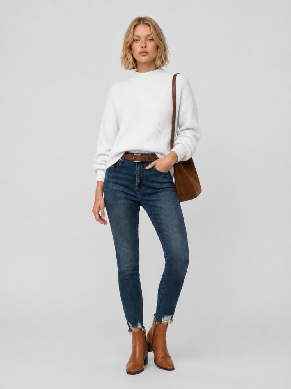 Good American Dark Blue Ankle Skinny Jeans with Raw Hem